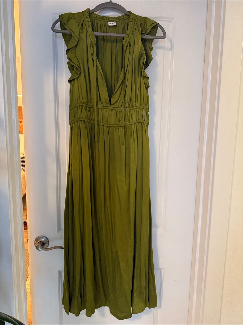 Olive Green Sleeveless Ruffle Midi Dress